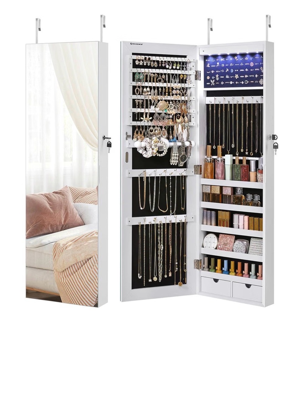 Over-the-Door Jewelry Armoire Cabinet with Mirror - White